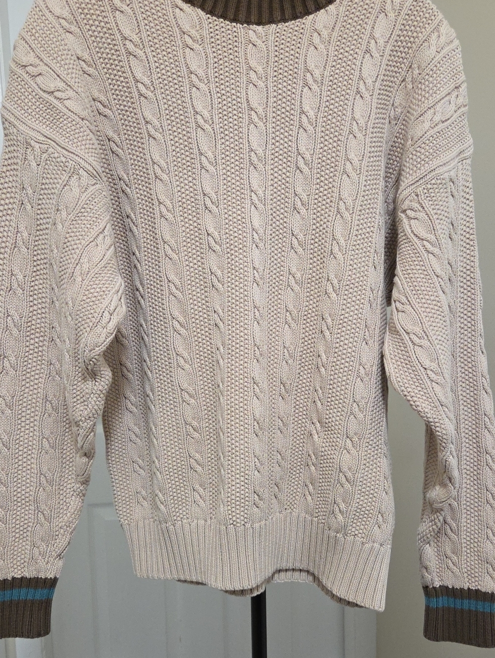 Vintage Eddie Bauer 100% Cotton Cable Knit Sweater Cream Crewneck Brown Teal - Picture 4 of 8